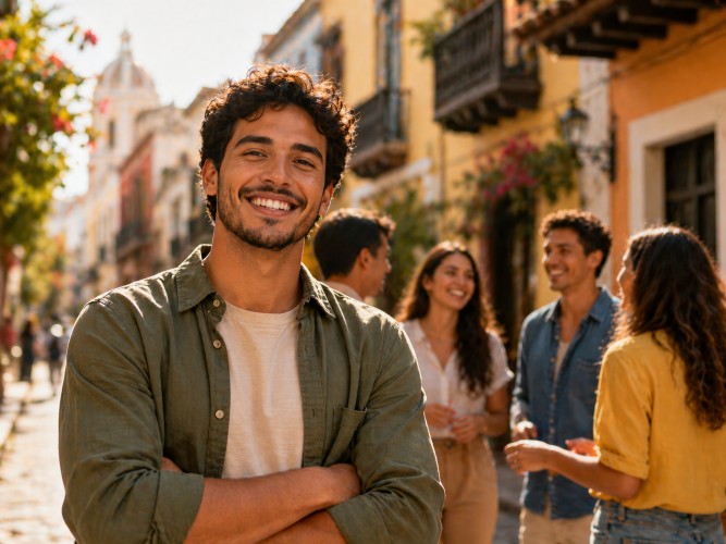 Homem sorrindo após aprender espanhol
